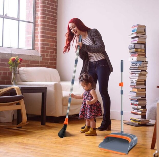 Upgraded Self-Cleaning Broom and Dustpan Set with Long Handle & Upright Teeth – Household Use (5) Upgraded Self-Cleaning Plastic Broom and Dustpan Set with Long Handle for Home Use